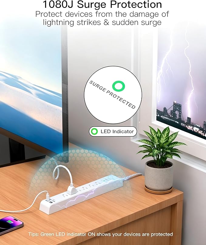 Surge Protector Power Strip 25FT, 10-in-1 with 6 AC Outlets 4 USB Ports(2 USB-C), Ultra Flat Plug Braided Extension Cord, Wall Mountable, 1080J Surge Protection, ETL Listed, White