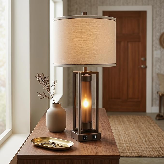 Rustic Table Lamps for Living Room with USB C+A Ports, Farmhouse Vintage Nightstand Lamp with Amber Acrylic Night Light, Retro Desk Lamp for Bedroom Entryway Dorm, 2 Bulbs Included (Brown)