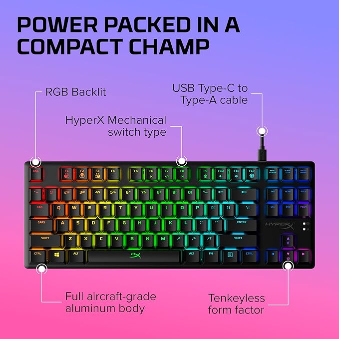 HyperX Alloy Origins Core - Tenkeyless Mechanical Gaming Keyboard, Software Controlled Light & Macro Customization, Compact Form Factor, RGB LED Backlit, Tactile HyperX Aqua Switch,Black