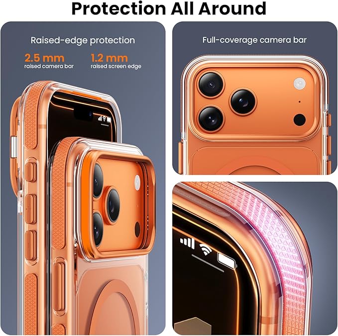 2 in 1 for iPhone 17 Pro Max Case,[1 Screen Protector],7X Military-Grade Drop Protection,Fits MagSafe,Tough, Rugged & Durable for Heavy Duty iPhone 17 Pro Max Case,Orange-Clear
