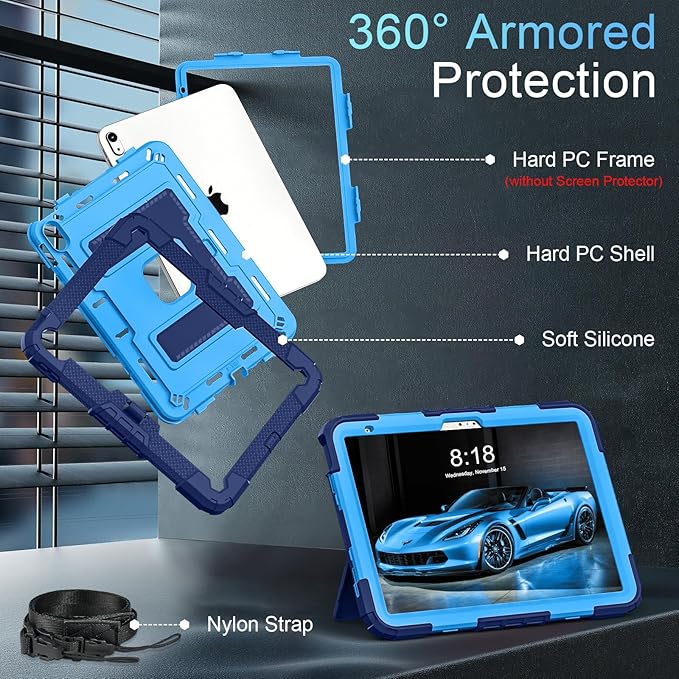for 2025 iPad (A16) 11th /10th Generation 2022 10th Gen iPad Case with Pencil Holder Shoulder Strap,Military Grade Shockproof for i Pad Covers 11.0/10.9 Inch,Navy Blue