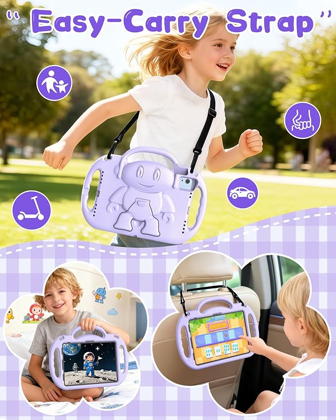 Kids Case for iPad A16 11" 2025 (11th Gen) & 10th Generation 10.9" 2022 & iPad Air 11" M3/M2 & Air 5th/4th Gen & Pro 11, Durable Shockproof Cover with Shoulder Strap Handle Stand, Light Purple