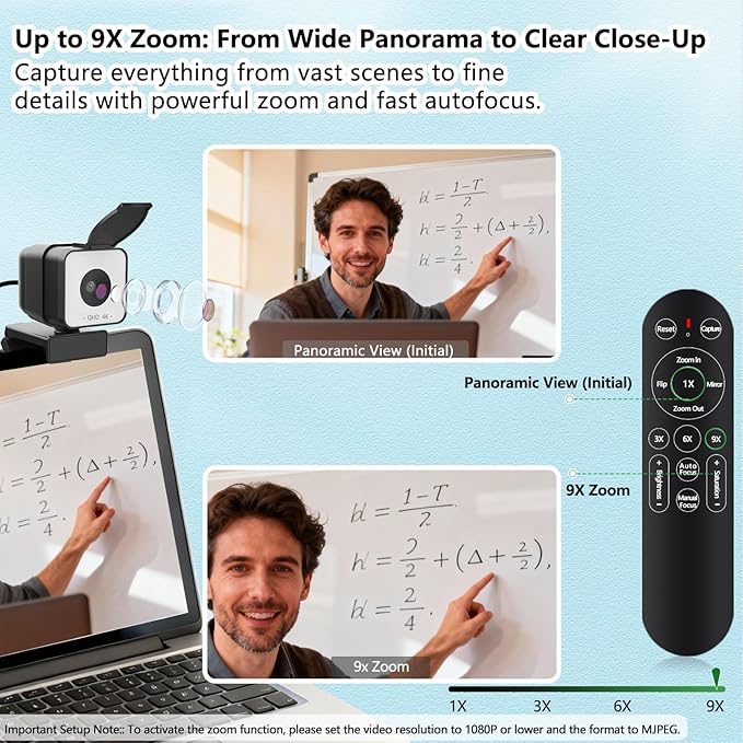 4K USB Webcam with Dual Microphones, 9X Hybrid Zoom, Auto Light Correction, 86° Wide Angle for Video Conferencing, Live Streaming, Remote Work, Compatible with PC Desktop Laptop