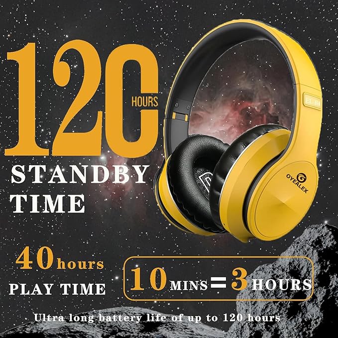 Active Noise Cancelling Headphones, Wireless Over Ear Bluetooth Headphones with Microphone Foldable Headphone with HiFi Audio Deep Bass for Home Travel Office Yellow