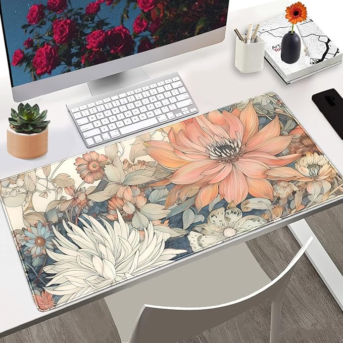 Japanese Floral Desk Mat Boho Aesthetic Flower Desk Matt for Desktop Large XXL Gaming Mouse Pad Extended Deskpad Laptop Keyboard Computer Mat Office Decor for Women 31.5 X 15.7