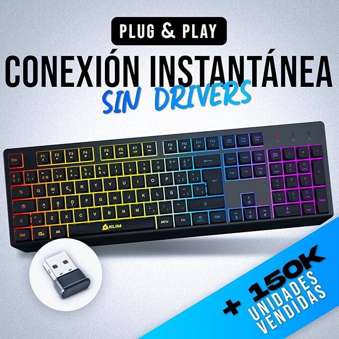 KLIM Chroma Wireless Spanish (España) Keyboard, RGB Backlit Wireless Keyboard, Rechargeable Battery, Quiet, Water-Resistant, Plug & Play for PC, Mac, PS4/PS5