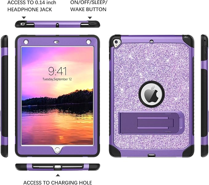 YINLAI for iPad 6th 5th Generation Case 9.7-Inch 2018/2017, iPad Pro 9.7/iPad Air 2nd Case,Glitter Sparkle Women Girls Kids Kickstand Shockproof Protective A1893/A1954/A1822/A1823 Tablet Cover,Purple