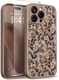 GVIEWIN for iPhone 15 Pro Case Compatible with MagSafe, [Military Grade Protection] [Screen Protector] Full Camera Protection Floral Translucent Women Magnetic Phone Case, Bunchflower/Brown