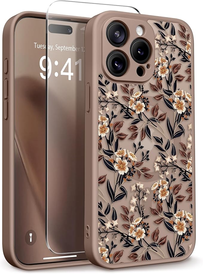 GVIEWIN for iPhone 15 Pro Max Case Compatible with MagSafe, [Military Grade Protection] [Screen Protector] Full Camera Protection Floral Translucent Women Magnetic Phone Case, Bunchflower/Brown