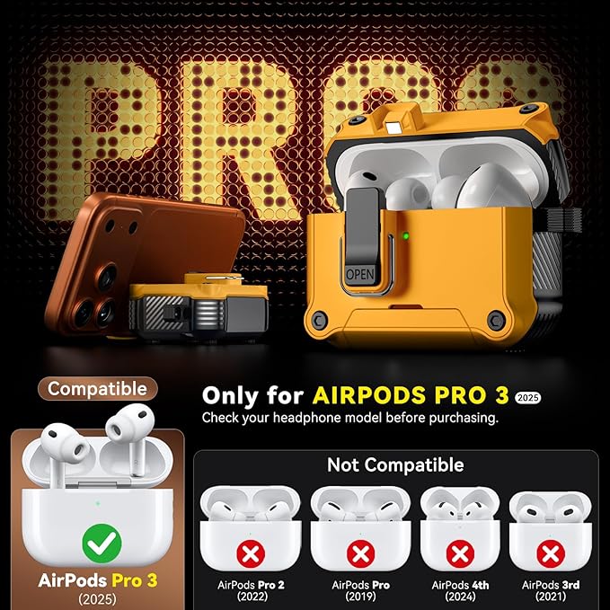 Inesore Compatible with AirPods Pro 3 Generation Case,Secure Lock & Phone Stand Design,Compatible with MagSafe,Automatic Snap Switch Secure Cover for New AirPods Pro 3rd (2025)-Yellow
