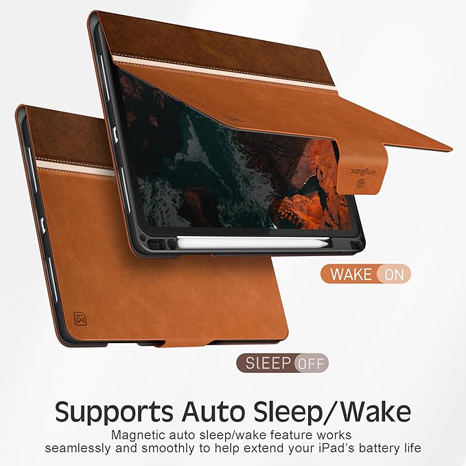KingBlanc Case for iPad Pro 11 inch (M5 2025/M4 2024) with Pencil Holder, Vegan Leather Smart Stand Cover, Auto Sleep Wake, Support Pencil Pro/(USB-C), Viewing/Typing Angle, Durable Protection, Brown