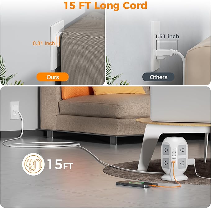 TESSAN Tower Surge Protector Power Strip 15 ft, Long Flat Extension Cord with Multiple Outlets, 8 AC Outlets with 4 USB Ports (1 USB C), Charging Station with Surge Protection, for Home Office Dorm