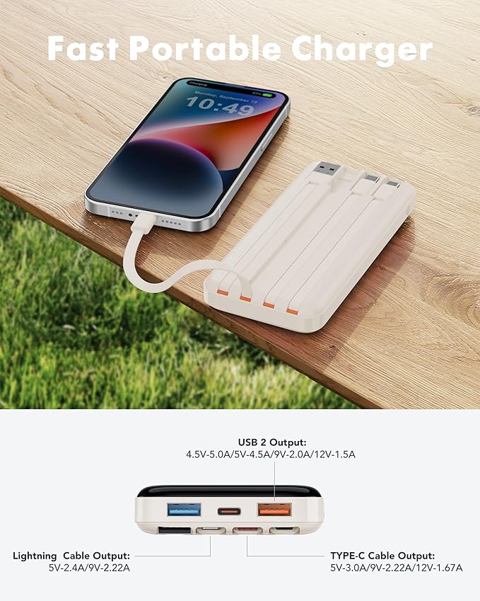 charmast 20000mAh Portable Charger with Built in Cables, 22.5W Travel Power Bank Fast Charging, USB C Cell Phone Battery Pack for iPhone 16/15/14/13/12/11 Series, iPad, Samsung, Android, Tablet