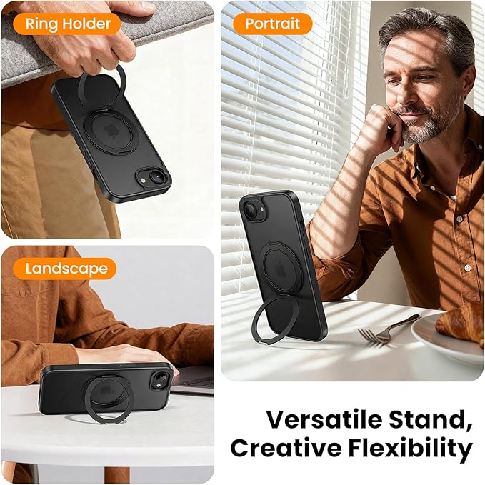 360°Ring Stand for iPhone 16E/17E Case with 2X Screen Protector,Fit for MagSafe, Anti-Yellowing & Scratch-Resistant Back Phone Case for iPhone 16E/17E 6.1", Black