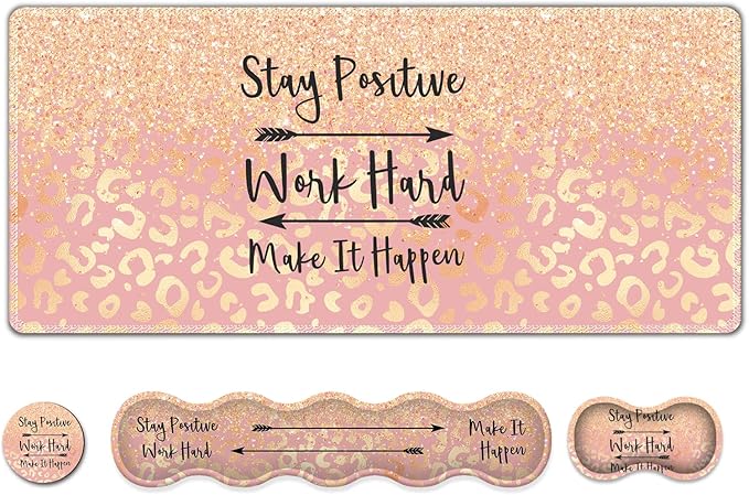 Extended Gaming Mouse Pad, Keyboard Wrist Rest Pad, Wrist Support Mousepad Set, Artso Large Rubber Base Stitched Edges Desk Pad (35 x15.5 in) for Work, Game, Office, Home, Pink Orange Stay Positive
