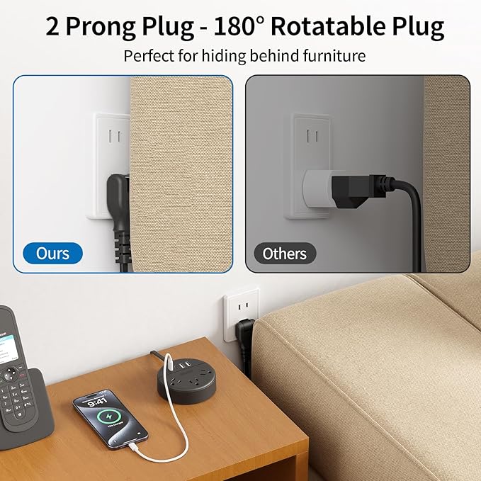 NTONPOWER 2 Prong Power Strip, 1875W 2 Prong to 3 Prong Outlet Adapter, 2 Prong Extension Cord 5 ft, Rotating Plug, Wall Mount, 3 Outlet 2 USB A+2 USB C, Two Power Strip for Travel, Older House, Dorm