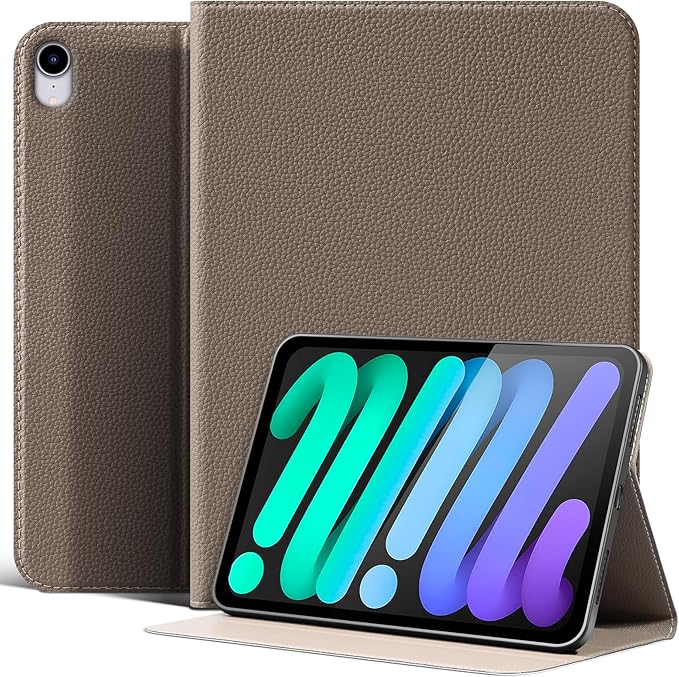 Case for iPad mini 7 (A17 Pro) 2024, iPad mini 6th Generation 2021, Leather Protective Shockproof Smart Cover Adjustable Stand - Auto Wake/Sleep and Multiple View Angles, Gray Brown