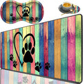 3 Piece Mouse Pad Set with Stitched Edge Large Anti-Slip Mouse Pad Desk Pad Keyboard Pad + Wrist Rest Pad + Coaster, Memory Foam Wrist Rest for Office/Home - Rustic Rainbow Woodgrain Dog Paw