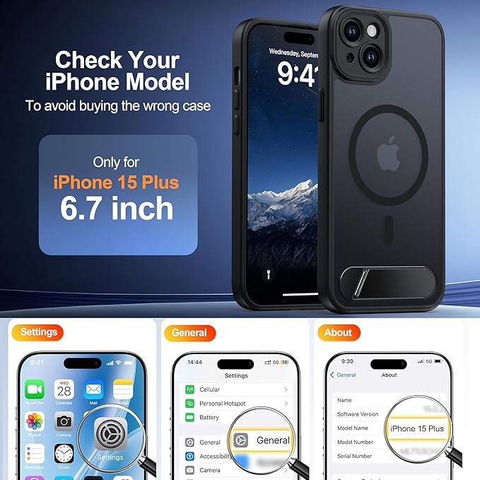 Magnetic Compatible with iPhone 15 Plus Case, [Built-in Kickstand][Full Camera Protection][Compatible with MagSafe][Anti-Fingerprint] Shockproof Phone Case for iPhone 15 Plus 6.7" Black