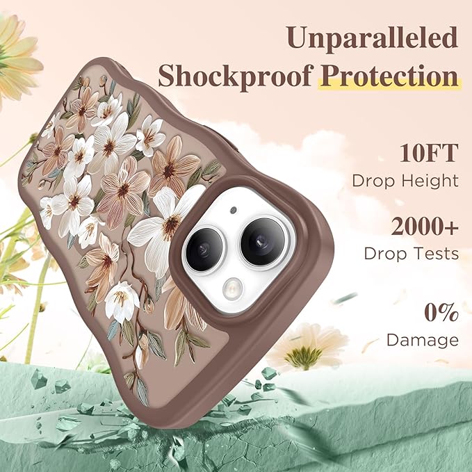 GVIEWIN Cute for iPhone 14 Case & iPhone 13 Case [Compatible with MagSafe] [Curly Wave Edge] Floral Translucent Magnetic Shockproof Protective Phone Cover for iPhone 14/13 6.1'', Dogwood/Brown