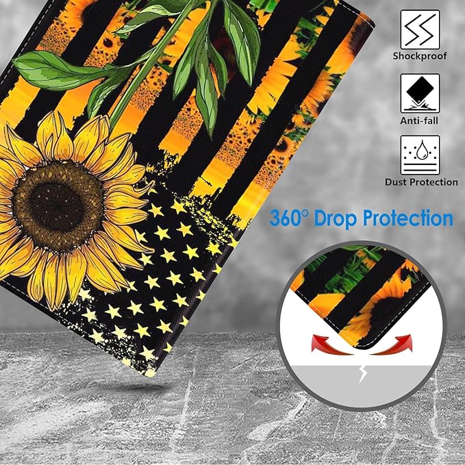 WEUIUJKILO Case for iPad (A16) 11th Generation 11 Inch 2025, iPad 10th Generation 10.9 Inch 2022, Slim PU Leather Folding Stand Smart Cover with Auto Sleep/Wake, American Flag and Sunflower