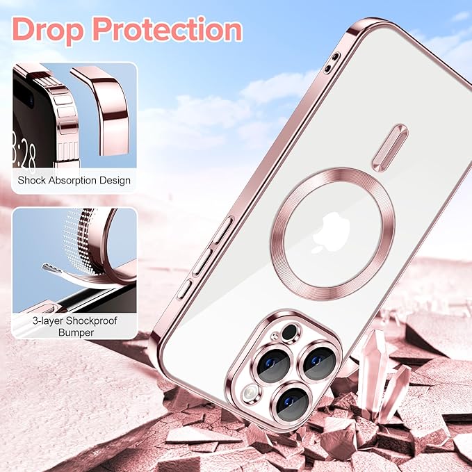 Hython Magnetic Clear for iPhone 16 Pro Case with Camera Lens Protector [Compatible with MagSafe] Luxury Plating Edge Slim Soft TPU Cover Protective Phone Case for iPhone 16 Pro 6.3", Pink