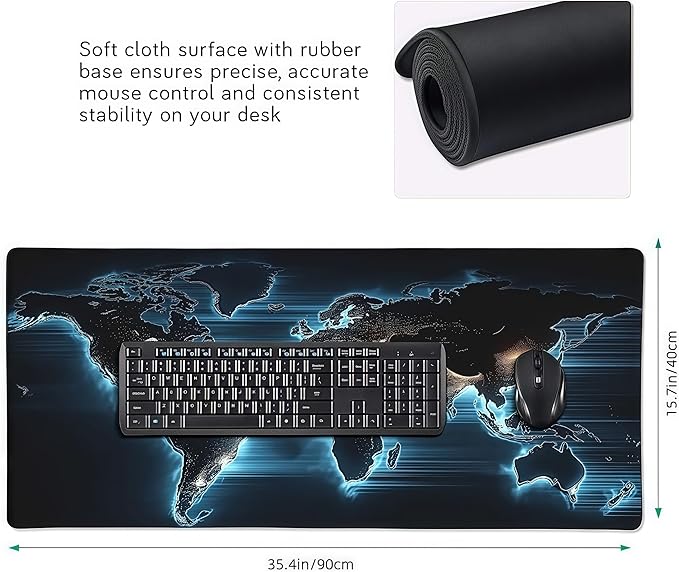 Large World Map Mouse Pad, Blue Glow in The Dark Design, Rubber Base, 35.4 x 15.7 Inches, Rectangular Desk Mat for Gaming and Office