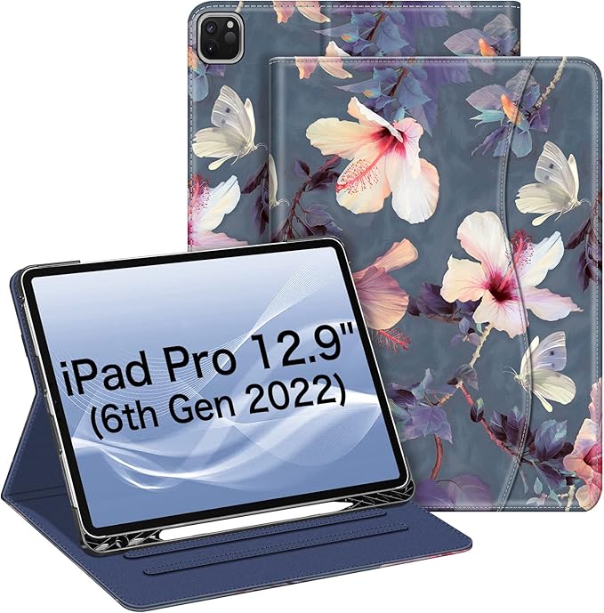 Fintie Folio Case for iPad Pro 12.9" 6th Generation 2022, Multi-Angle Smart Stand Cover w/Pencil Holder & Pocket, Also Fit iPad Pro 12.9 2021 5th & 2020 4th & 2018 3rd Gen, Blooming Hibiscus