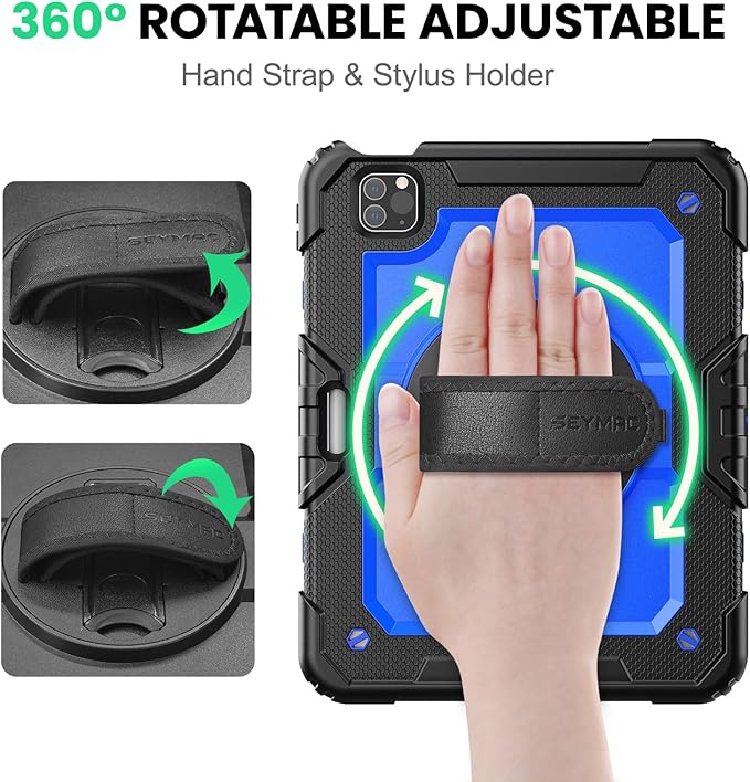 SEYMAC Case for iPad Pro 11 Case 4th/ 3rd/ 2nd/ 1st Gen (2022/2021/2020/2018), Full-Body Shockproof Protective Case with Screen Protector, 360° Rotating Stand and Hand/Shoulder Strap, Blue