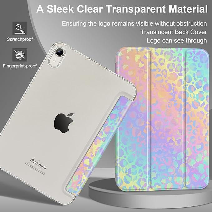 DONGKE for iPad mini 7 (A17 Pro) 2024 & iPad mini 6 2021 8.3 Inch, Slim Foldable Stand Hard PC Translucent Back Shell Smart Cover for iPad mini 7th/6th Generation [Auto Wake/Sleep] - Colorful Leopard