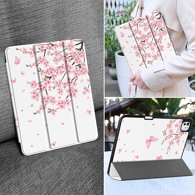 MEEgoodo Case for M5 iPad Pro 11 inch 2025/M4 iPad Pro 11 inch Case 2024, Tablet Cover with Trifold Stand & Pencil Holder & Auto Wake/Sleep & Soft TPU Back Cover, Cherry Blossoms