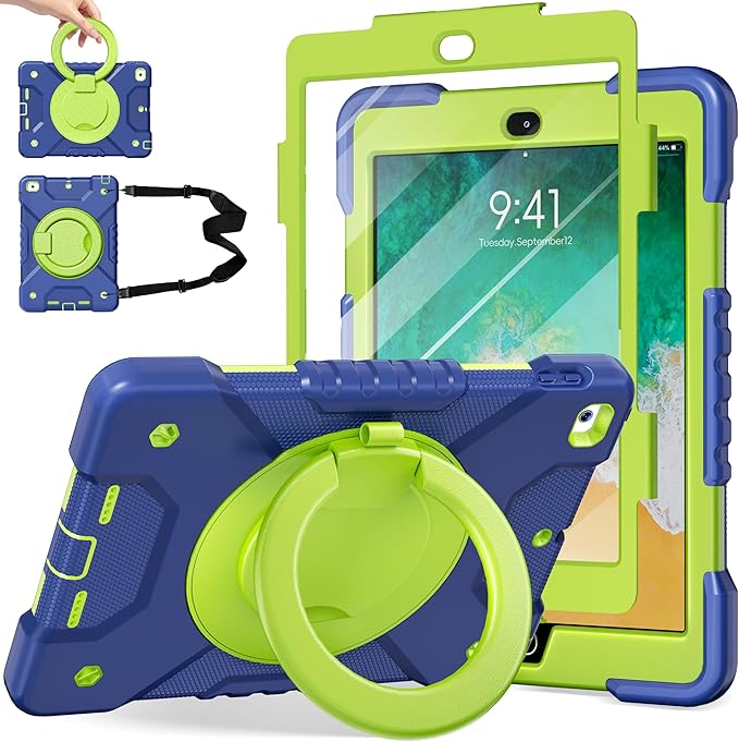 Andnary Case for iPad 6th/5th Generation 9.7 inch 2018/2017 Case, iPad Air 2/Pro 9.7 inch Heavy Duty Protective Cover with 360° Rotate Handle Stand, Pencil Holder, Shoulder Strap (Navy+Green)