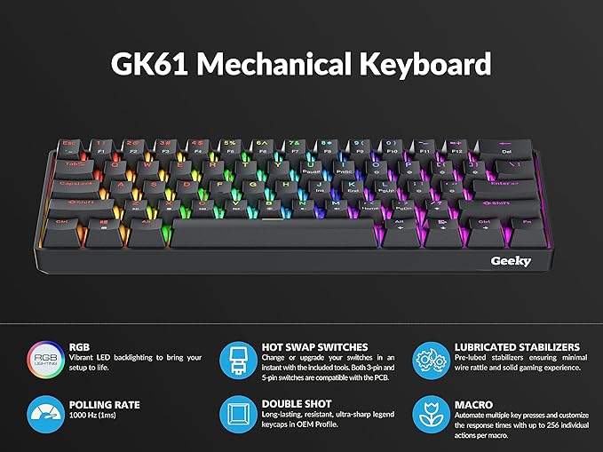 Geeky GK61 60% | Hot Swappable Mechanical Gaming Keyboard | 61 Keys Multi Color RGB LED Backlit for PC/Mac Gamer | ANSI US American Layout (Black, Mechanical Speed Silver)