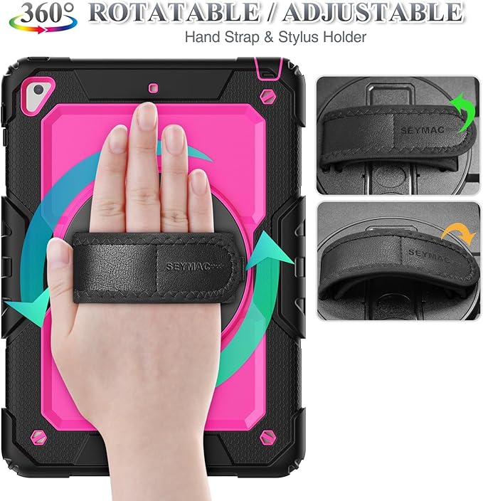 SEYMAC stock Case for iPad 6th / 5th Generation Case/Air 2 / Pro 9.7 inch, Heavy Duty Protective with Screen Protector, with Pencil Holder, Hand Strap, Shoulder Strap, 360 Rotate Stand, Pink+Black