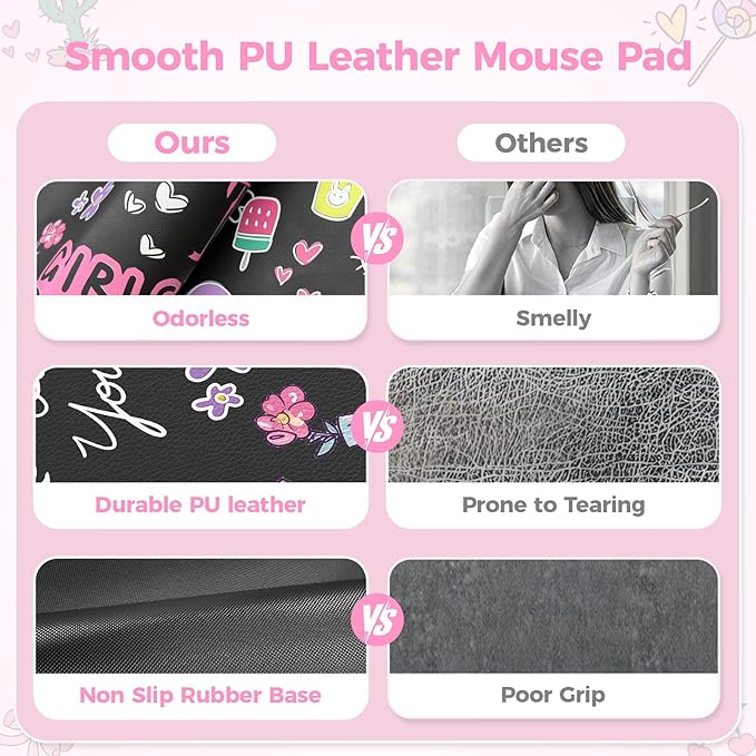 HAOCOO Kawaii Large Desk Cover Mat, 35.4x15.7 Cute Mouse Pad for Women Office Accessories, Leather Desk Mat for Keyboard and Mouse for Kids, Stitched Edges Desk Protector Dorm Decor