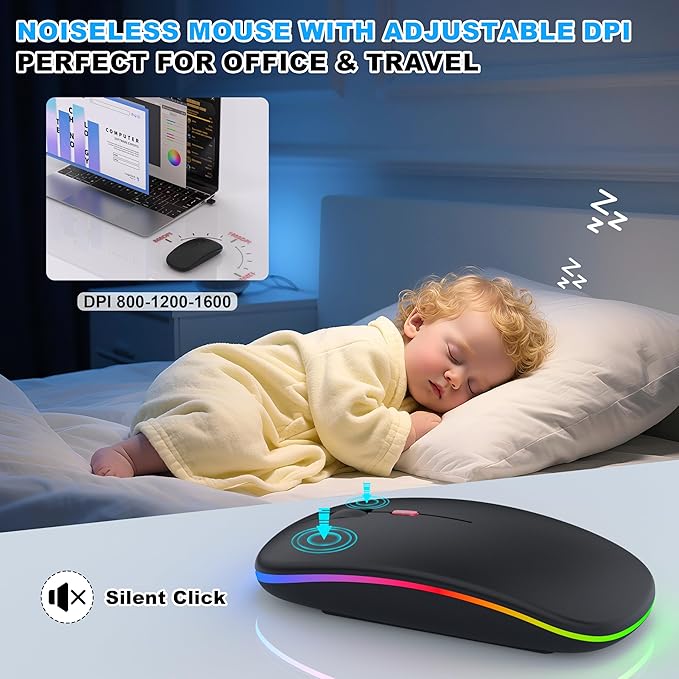 Bluetooth Wireless Mouse for MacBook Air Mac Pro iPad ,LED Rechargeable Silent Mouse with 2.4GHz USB-A/USB-C Receiver & Mouse Jiggler, Compatible with Laptop MacBook IPad Mac Tablet PC- Matte Black