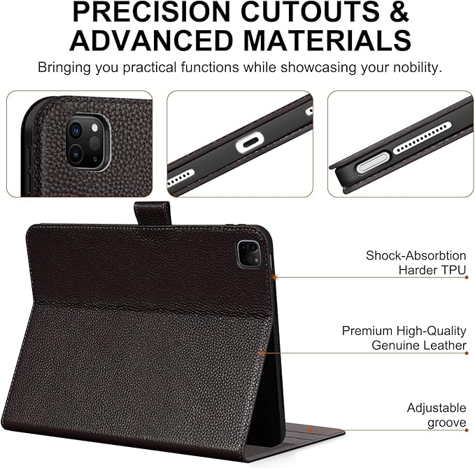 Genuine Leather Case for iPad Pro 12.9 inch 6th/5th/4th/3rd Generation 2022/2021/2020/2018 | with Pencil Holder and Adjustable Stand, Magnetic Closure, Auto Wake/Sleep Cover | Dark Brown