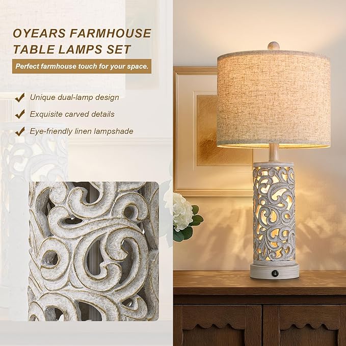 OYEARS 22'' Farmhouse Table Lamp for Living Room, Bedside Lamp with 2 USB Ports for Bedroom, Rustic Nightstand Lamp with Linen Lampshade for Office Hallway Home Decor, Distressed Grey (Bulb Included)