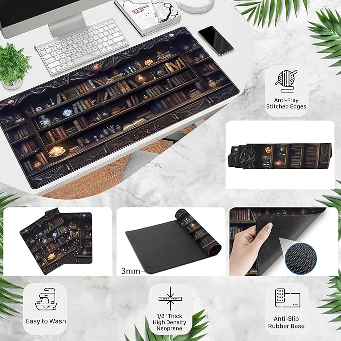 Gaming Desk Mat Large Mouse Pad, Magical Bookshelf Desk Pad Extended Mouse Mat XXL, Keyboard Pad for Gaming Office Home, Full Desktop Computer Pad Dark Academia Desk Decor for Man 31.5" x 15.75"