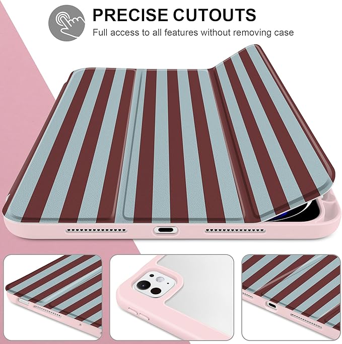TWOLSKOO Case for iPad Pro 11-inch (M5 2025 / M4 2024), Clear Acrylic Back with TPU Bumper, Pencil Holder, Trifold Stand, Auto Sleep/Wake, Burgundy Stripes