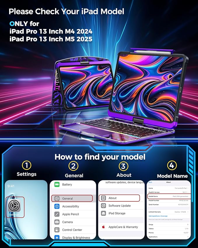 TSQQST Clear Wireless Keyboard Case for iPad Pro 13 Inch M5/M4 2025/2024 with Pencil Holder & Multi-Touch Trackpad, Visible PCB High-Tech Style, 3-Brightness & 7-Color Backlight, 360 Rotatable, Purple