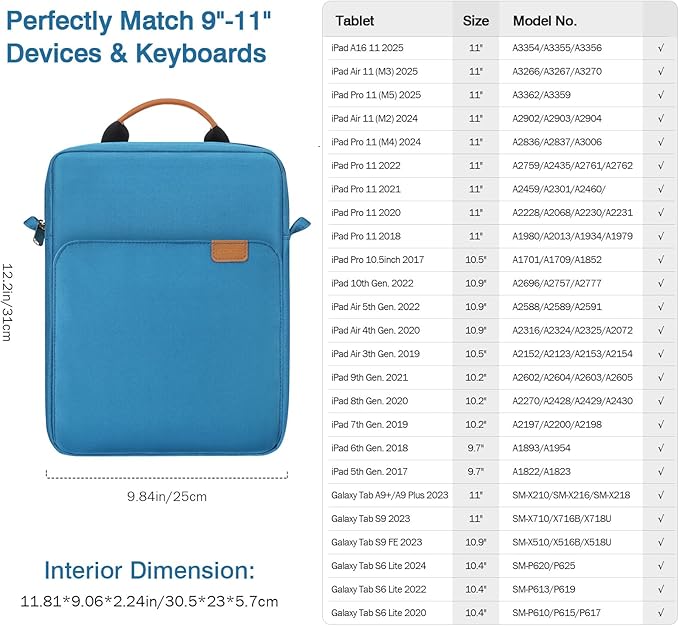 MoKo 9-11 Inch Tablet Sleeve Bag Handle Carrying Case with Shoulder Strap Fits iPad Pro/Air/A16 11 inch,iPad 10th 10.9,i-Pad 9/8/7th 10.2,iPadAir 5/4th 10.9,i-Pad 9.7,Tab S8/S9 11", Peacock Blue