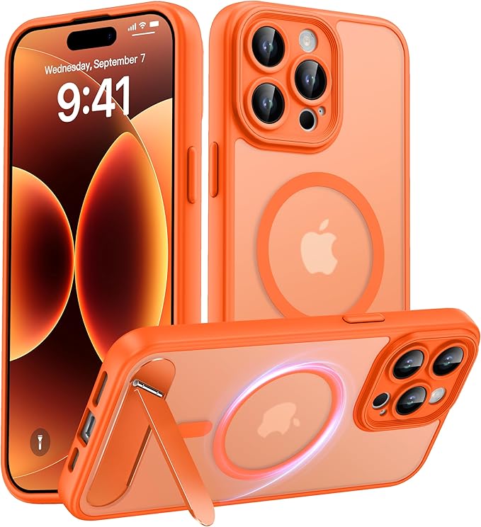 Magnetic Compatible with iPhone 15 Pro Max Case, [Built-in Kickstand][Full Camera Protection][Compatible with MagSafe][Anti-Fingerprint] Shockproof Phone Case for iPhone 15 Pro Max 6.7",Orange