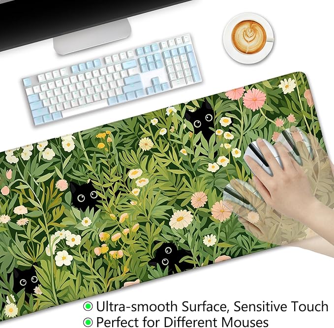 LIMKRIAN Anime Cat Mouse Pad Green Desk Mat, XL Gaming Mouse Pad with Stitched Edges Non-Slip, Large Keyboard Mat for Desktop Computer Laptop Work Home Cute Office Desk Accessories 31.5x11.8 in