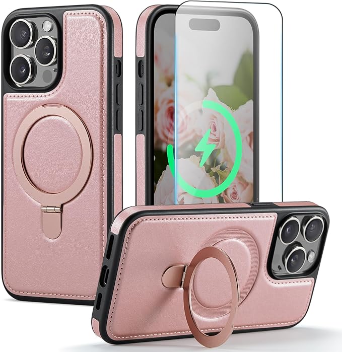 Compatible with iPhone 14 Pro Case with Stand, Compatible with MagSafe, Slim PU Leather & Durable TPU Protective Cover Drop-Proof with Tempered Glass Screen Protector 6.1", Rose Gold