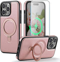 Compatible with iPhone 14 Pro Case with Stand, Compatible with MagSafe, Slim PU Leather & Durable TPU Protective Cover Drop-Proof with Tempered Glass Screen Protector 6.1", Rose Gold