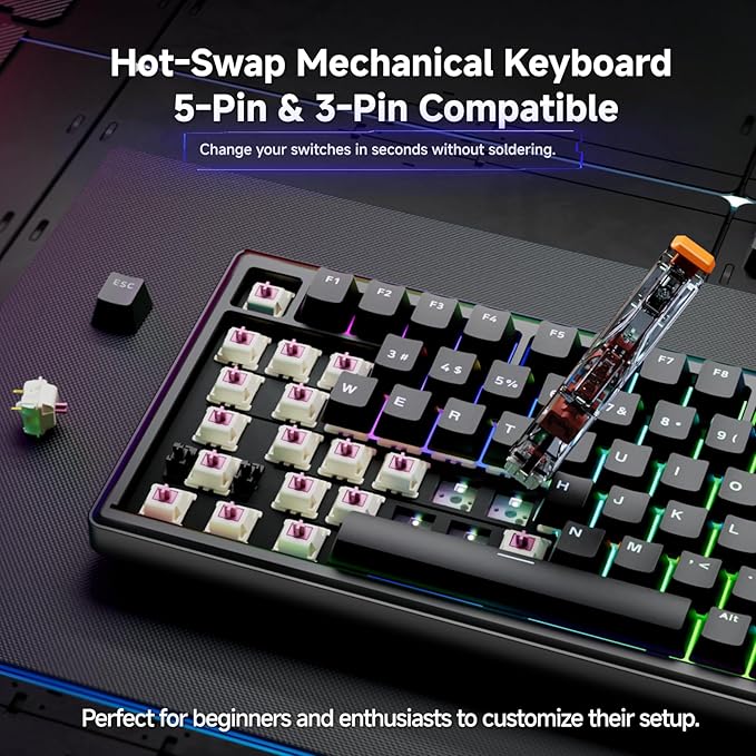 TMKB T81E Mechanical Gaming Keyboard, 75% Gasket Mount Wired Keyboard with Knob & 5-Layer Sound Dampening, Hot-Swappable, RGB Backlit, 82 Keys for Windows/Mac/Linux - Black