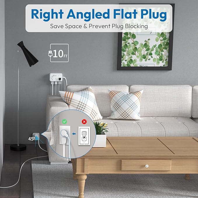 Power Strip 10 ft, Flat Plug Extension Cord with 6 Outlets 4 USB Ports, Outlet Extender Long Cord, Overload Protection, Extension Cord with Multiple Outlets for Indoor, Home, Office