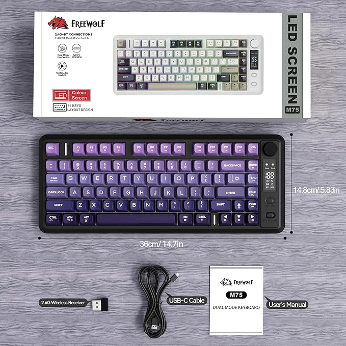 ZIYOU LANG M75 Wireless Gaming Keyboard, RGB Backlit Rechargeable 2000mAh Battery, Small Membrane But Mechanical Feel Keyboard with Smart Display & Knob, PBT Gradient keycaps for PC, MAC-Grape Purple
