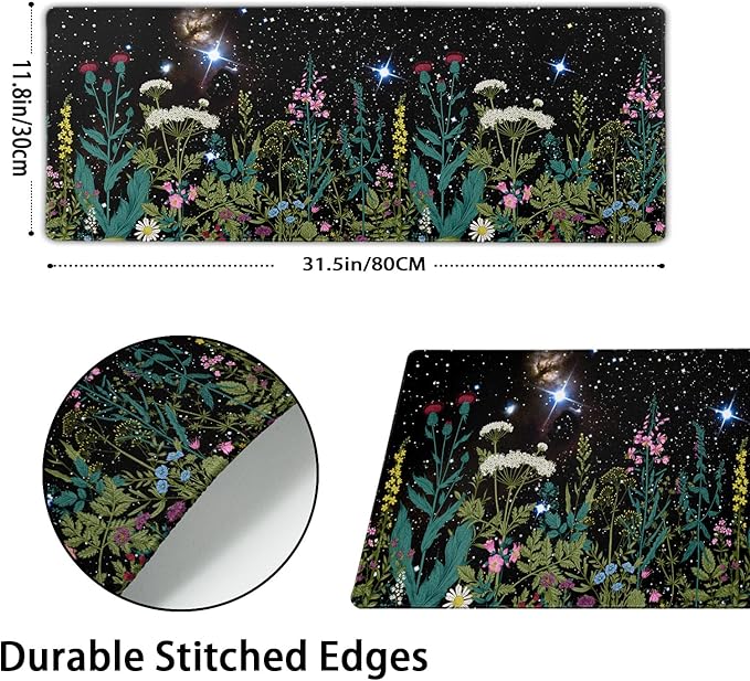 Black Aesthetic Wildflower Large Mouse Pad XL Space Galaxy Weeds Herb Cute Floral Extended Desk Mat Big 80X30 CM Non-Slip Rubber Base Stitched Edge Long Mousepad,31.5×11.8 Inch